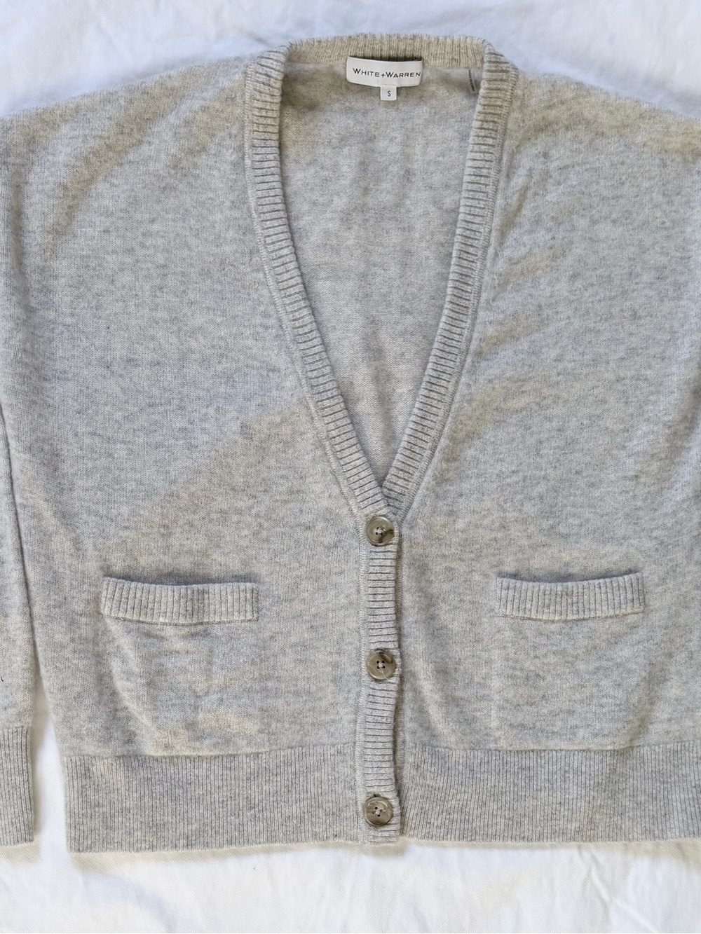 White + Warren Heather Gray Cashmere V-Neck Button Cardigan